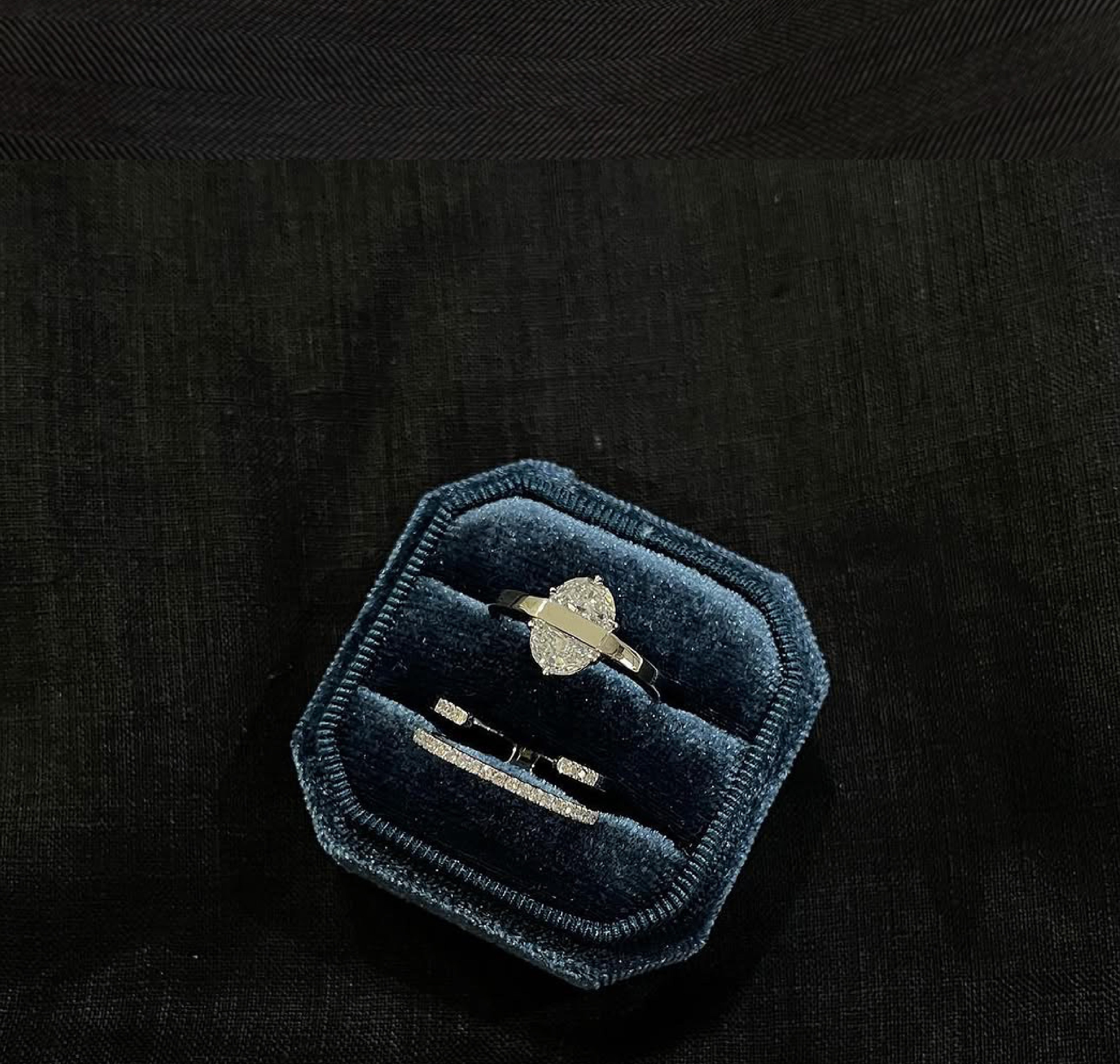 Bespoke rings in a blue box